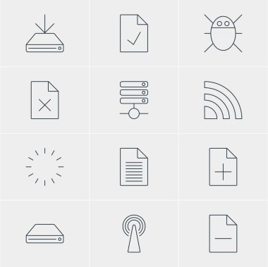 12 Web Simgeler Vektör Illustration. Dosya, sabit disk Disk, Not ve diğer öğeleri kaldırma düzenlenebilir paketi.