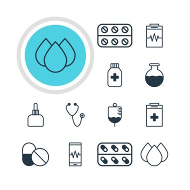 12 tıbbi simgeler vektör Illustration. Phone Monitor, damlama, antikor ve diğer öğeleri düzenlenebilir paketi.