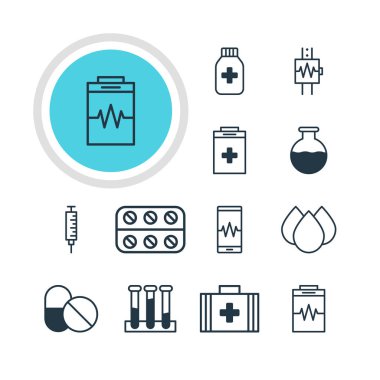 12 sağlık simgeler vektör Illustration. Kalp atışı, antibiyotik, gereklilik ve diğer öğeleri düzenlenebilir paketi.