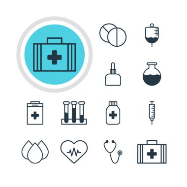 12 tıp simgeler vektör Illustration. Tıp kavanoz, damlama, deney şişesi ve diğer öğeleri düzenlenebilir paketi.