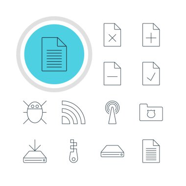 12 Internet simgeler vektör Illustration. Sabit Disk Disk, bilgisayar virüsü, Not ve diğer öğeleri düzenlenebilir paketi.