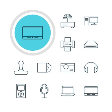 12 donanım simgeler vektör Illustration. Oyun kumandası, Fotoğrafçılık, kulaklık ve diğer öğeleri düzenlenebilir paketi.