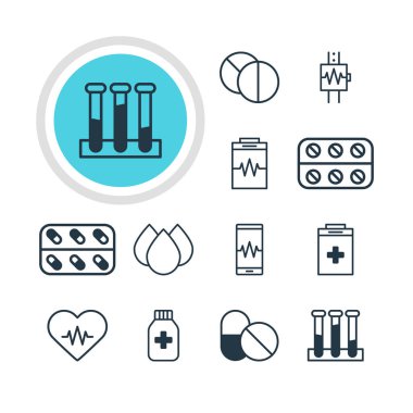12 sağlık simgeler vektör Illustration. Antibiyotik, sinyal, gereklilik ve diğer öğeleri düzenlenebilir paketi.