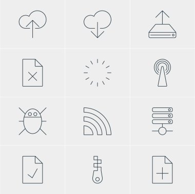 12 ağ simgeler vektör Illustration. Raptiye, Cloud Download, yönlendirici ve diğer öğeleri düzenlenebilir paketi.