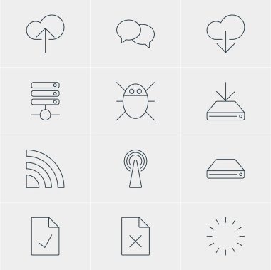 12 Internet simgeler vektör Illustration. Sabit Disk Disk, düzenlenebilir paket kontrol Not, yönlendirici ve diğer öğeleri.