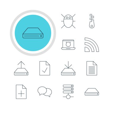 12 ağ simgeler vektör Illustration. Sabit Disk Disk, düzenlenebilir paket güvenli dizüstü bilgisayar, sunucu ve diğer öğeleri.