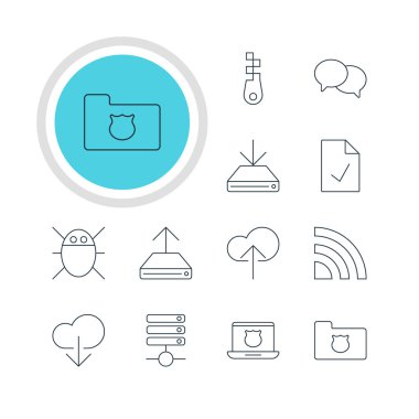 12 Web Simgeler Vektör Illustration. Bir bulut düzenlenebilir Pack indir, veri yükleme, Checked Not ve diğer öğeleri.