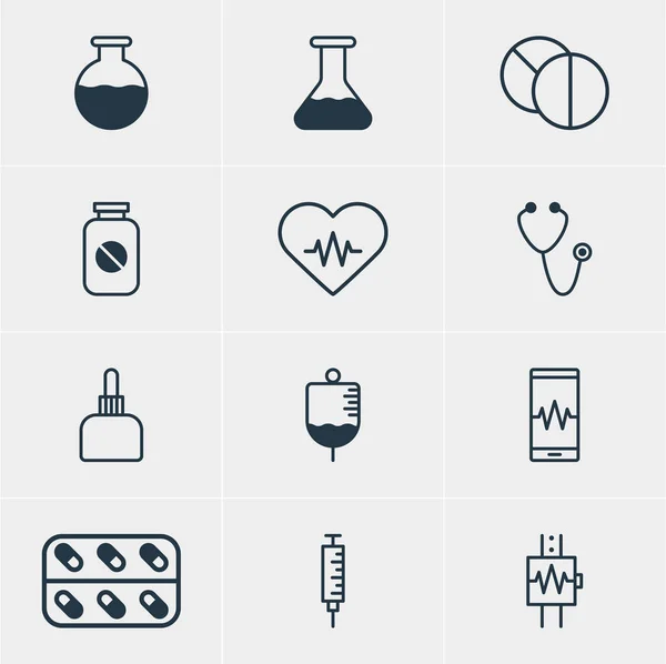 Ilustração vetorial de 12 ícones da medicina. Pacote editável de monitor de telefone, medicina, anticorpos e outros elementos . — Vetor de Stock