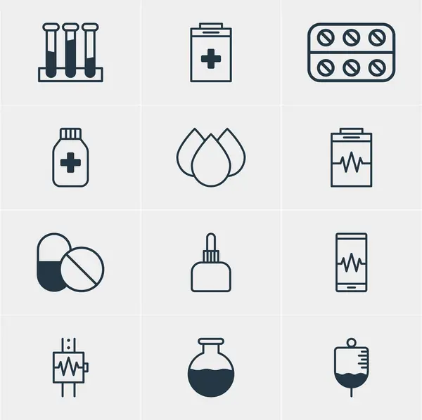 Illustration vectorielle de 12 icônes médicales. Pack modifiable de pot de médicament, pilules, pichet de médicament et autres éléments . — Image vectorielle