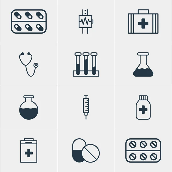 Vector Illustration of 12 Medicine Icons (dalam bahasa Inggris). Paket Antibiotik, Kedokteran, Vial dan Elemen Lainnya yang dapat diedit . - Stok Vektor