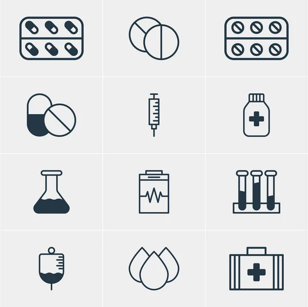 Illustration vectorielle de 12 icônes médicales. Pack modifiable de vaccinateur, fiole expérimentale, ruse et autres éléments . — Image vectorielle