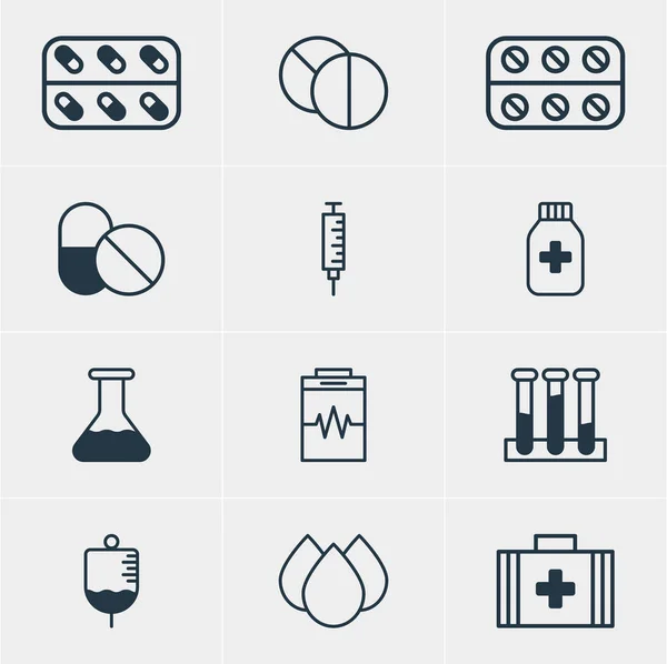 Vektorillustration von 12 medizinischen Symbolen. editierbare Packung Impfstoff, Experimentierkolben, Rinnsal und andere Elemente. — Stockvektor