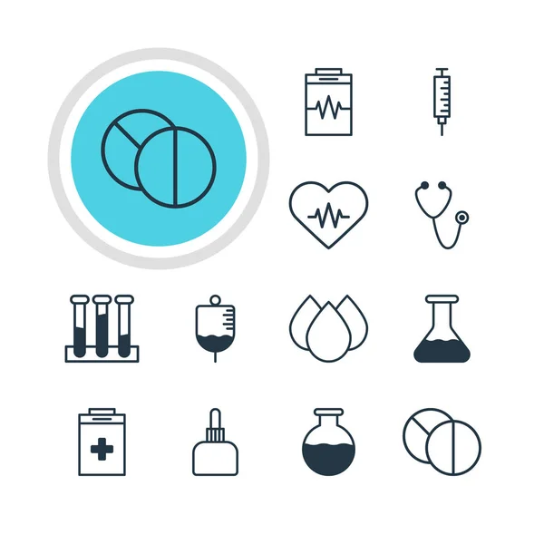Vektorillustration von 12 medizinischen Symbolen. editierbare Packung mit runden Tabletten, Impfstoff, Medikamentenkrug und anderen Elementen. — Stockvektor