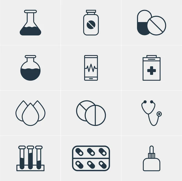 Ilustración vectorial de 12 iconos de la medicina. Paquete editable de jarra del medicamento, aspirina, monitor de teléfono y otros elementos . — Archivo Imágenes Vectoriales