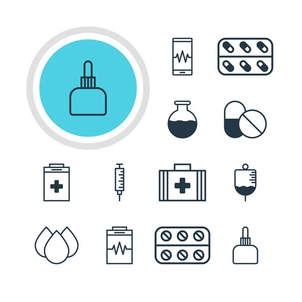 Ilustración vectorial de 12 iconos de la medicina. Paquete editable del vacunador, bolso médico, antibiótico y otros elementos . — Vector de stock