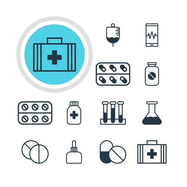 Vektorillustration av 12 hälsa ikoner. Redigerbara Pack Experiment kolv, medicin Jar, Aspirin och andra element. — Stock vektor