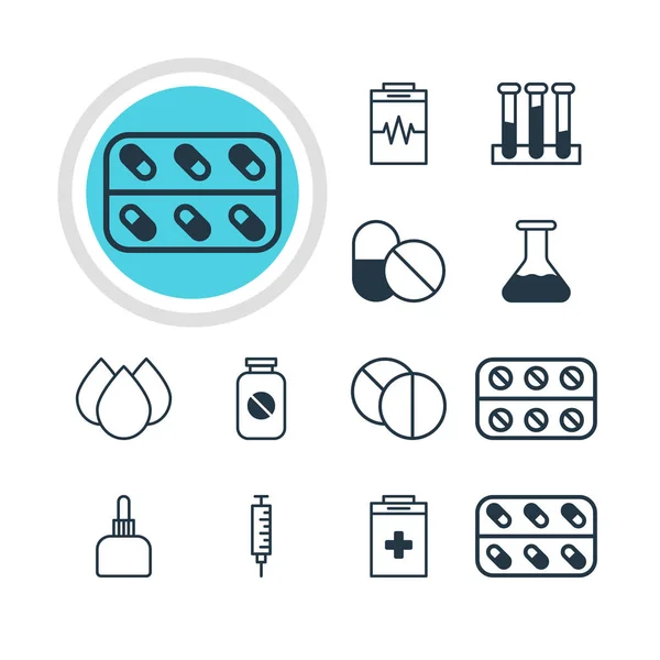 Illustration vectorielle de 12 icônes médicales. Pack modifiable de pichet de médicament, comprimé rond, ruse et autres éléments . — Image vectorielle