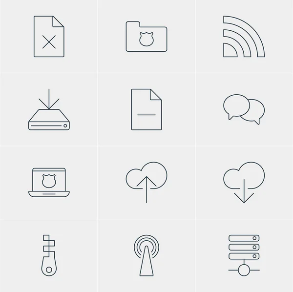 Ilustración vectorial de 12 iconos de Internet. Paquete editable de eliminar datos, Laptop seguro, la eliminación de archivos y otros elementos . — Vector de stock