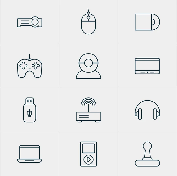 Illustration vectorielle de 12 icônes matérielles. Pack modifiable de contrôleur de jeu, carte USB, Joypad et autres éléments . — Image vectorielle