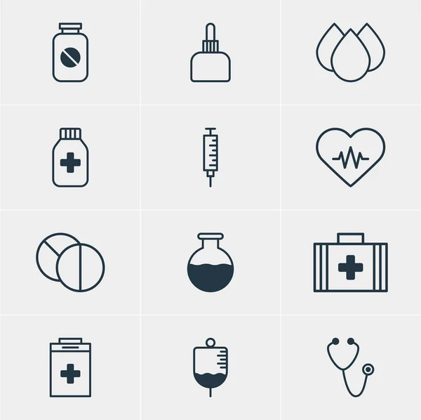 Векторна ілюстрація 12 медичних іконок. Елегантний пакет антитіл, пітчер медикаментів, серцевий ритм та інші елементи . — стоковий вектор