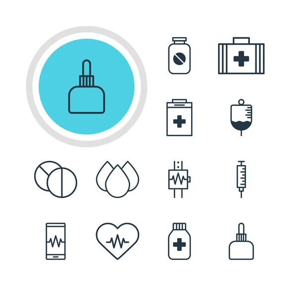 Ilustración vectorial de 12 iconos de la salud. Paquete editable de ritmo cardíaco, vacunador, bolso médico y otros elementos . — Archivo Imágenes Vectoriales
