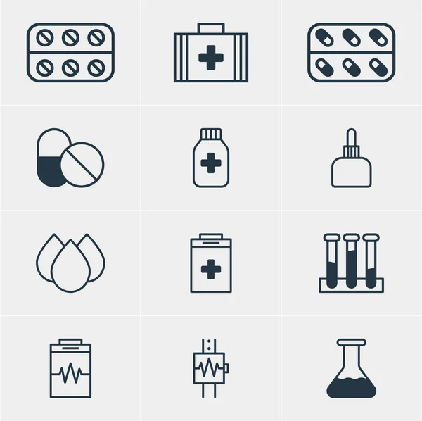 Vektorillustration von 12 medizinischen Symbolen. editierbare Packung Dringlichkeit, Medikamentenkrug, Pillen und andere Elemente. — Stockvektor