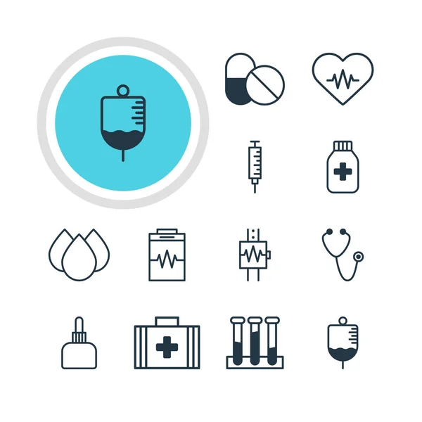 Illustration vectorielle de 12 icônes de santé. Pack modifiable de battements de coeur, pot de médecine, sac médical et autres éléments . — Image vectorielle