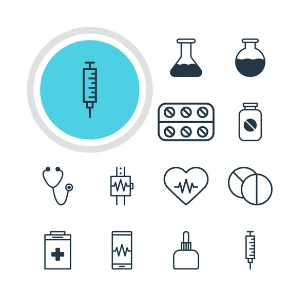 Vektorové ilustrace 12 lékařské ikon. Upravitelné Pack Pulse, baňky, lahvičky a další prvky. — Stockový vektor