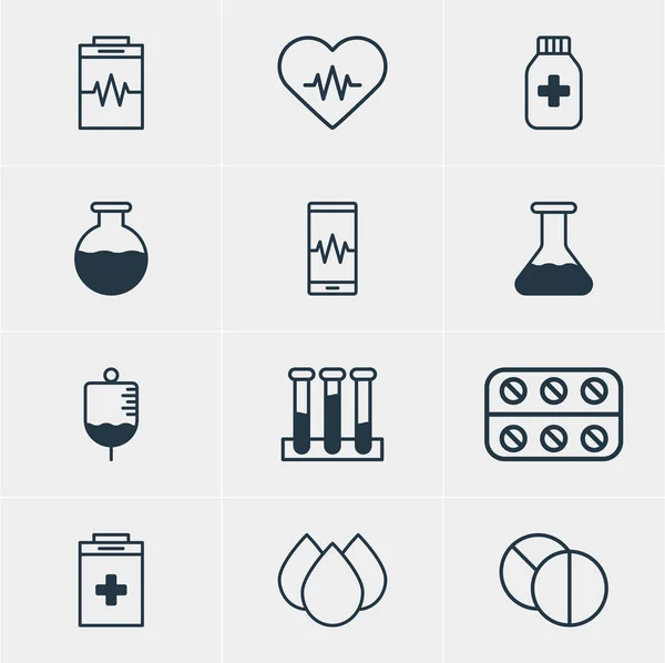 Ilustração vetorial de 12 ícones médicos. Embalagem editável de frasco para injetáveis, comprimido redondo, comprimidos e outros elementos . — Vetor de Stock