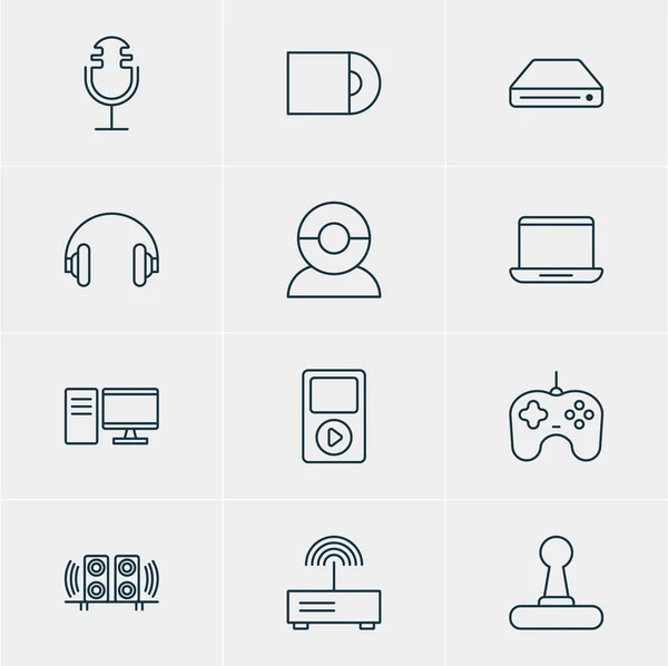 Illustration vectorielle de 12 icônes d'appareils. Pack modifiable d'enregistrement sonore, haut-parleur, modem et autres éléments . — Image vectorielle