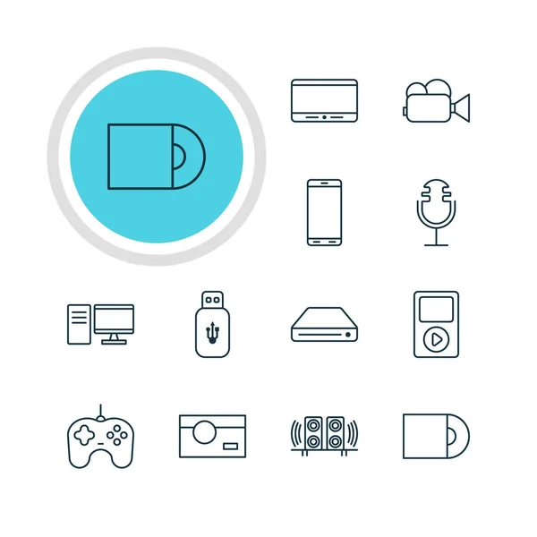 Illustration vectorielle de 12 icônes matérielles. Pack modifiable de PC, Smartphone, stockage de mémoire et autres éléments . — Image vectorielle