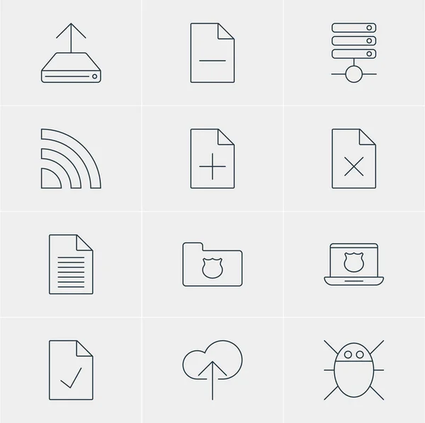 12 の Web アイコンのベクター イラストです。チェックされているノート、コンピュータ ウイルス、削除ファイル、その他の要素の編集パック. — ストックベクタ