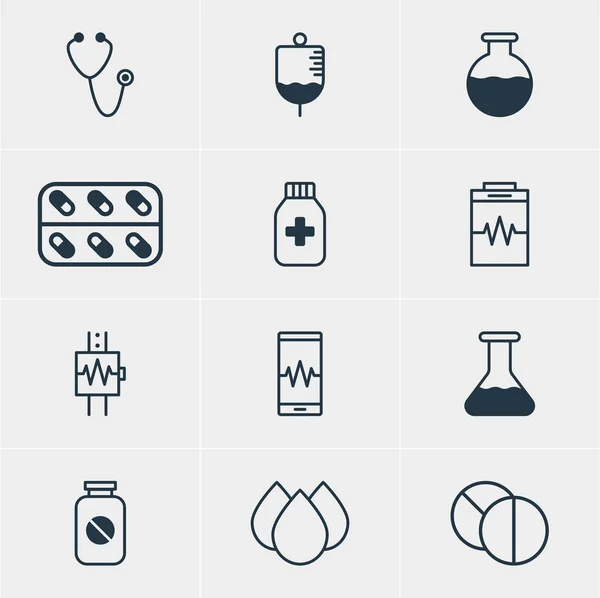 Vektorillustration av 12 hälsa ikoner. Redigerbara Pack puls, medicin, injektionsflaska och andra element. — Stock vektor