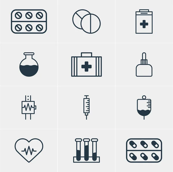 Illustration vectorielle de 12 icônes de santé. Pack modifiable de battements de coeur, sac médical, flacon expérimental et autres éléments . — Image vectorielle