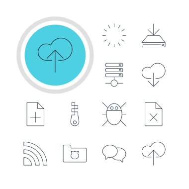 12 ağ simgeler vektör Illustration. Veri karşıya yükleme, bilgisayar virüsü, sunucu ve diğer öğeleri düzenlenebilir paketi.