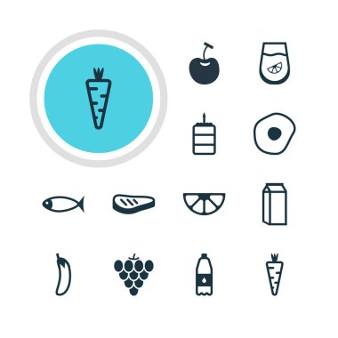 12 pişirme simgeler vektör Illustration. İçki şişesi, kireç, sebze ve diğer öğeleri düzenlenebilir paketi.