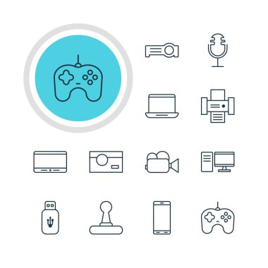 12 Gadget simgeler vektör Illustration. Monitör, ses kayıt, oyun kumandası ve diğer öğeleri düzenlenebilir sürüsü.