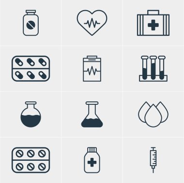 12 tıp simgeler vektör Illustration. Deney şişesi, ilk yardım çantası, Vaccinator ve diğer öğeleri düzenlenebilir paketi.