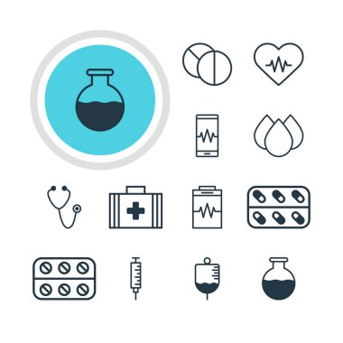 12 sağlık simgeler vektör Illustration. İlk yardım çantası, Tablet, ilaç ve diğer öğeleri yuvarlak düzenlenebilir sürüsü.