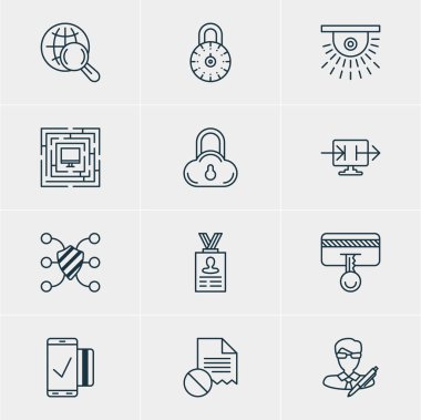 12 veri koruma simgeler vektör Illustration. Güvenlik anahtarı, güvenlik amacıyla, düzenlenebilir paket göndermek bilgi ve diğer öğeleri.