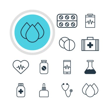 12 tıp simgeler vektör Illustration. Tablet, ilk yardım çantası ve diğer öğeleri yuvarlak ilaç ibriğindibine düzenlenebilir paketi.