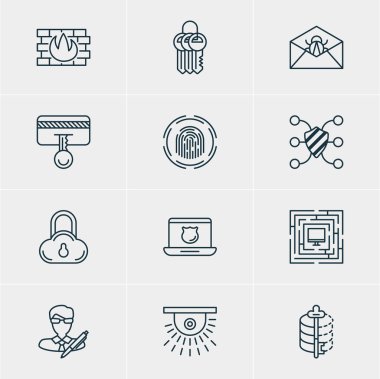 12 gizlilik simgeler vektör Illustration. Kodlayıcı, veri güvenliği, ağ koruması ve diğer öğeleri düzenlenebilir paketi.