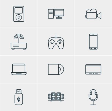 12 donanım simgeler vektör Illustration. Hoparlör, Usb kartı, Pc ve diğer öğeleri düzenlenebilir paketi.