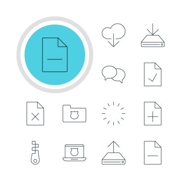 12 Internet simgeler vektör Illustration. Raptiye, veri yükleme, konuşma düzenlenebilir Pack ve diğer öğeleri.