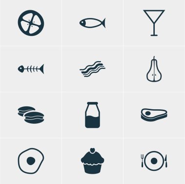 12 gıda simgeler vektör Illustration. Deniz ürünleri, Cruet, bisküvi ve diğer öğeleri düzenlenebilir paketi.