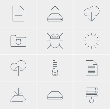 12 ağ simgeler vektör Illustration. Bir bulut düzenlenebilir Pack indir, bilgisayar virüsü, sabit disk Disk ve diğer öğeleri.