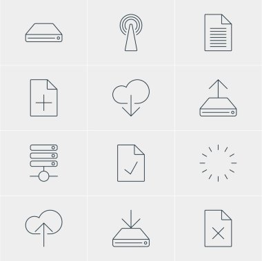 12 Internet simgeler vektör Illustration. Düzenlenebilir Pack bilgi yükü, kontrol Not, Not ve diğer öğeleri.