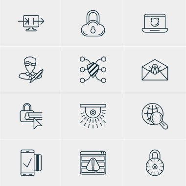 12 gizlilik simgeler vektör Illustration. Tarayıcı uyarı, düzenlenebilir paketi bozuk posta, kamera ve diğer öğeleri.