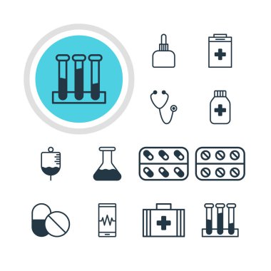 12 tıp simgeler vektör Illustration. Tıp, antibiyotik, gereklilik ve diğer öğeleri düzenlenebilir paketi.