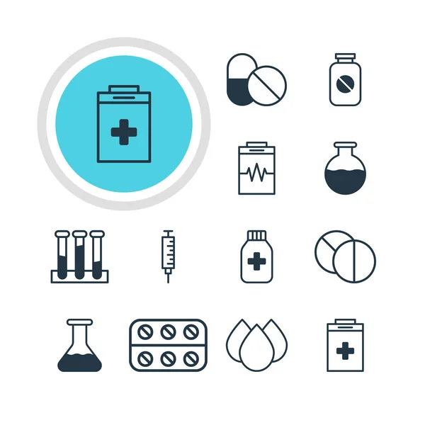 Vectorillustratie van 12 gezondheid pictogrammen. Bewerkbare Pack van pillen, Medicine Jar, antibiotica en andere elementen. — Stockvector